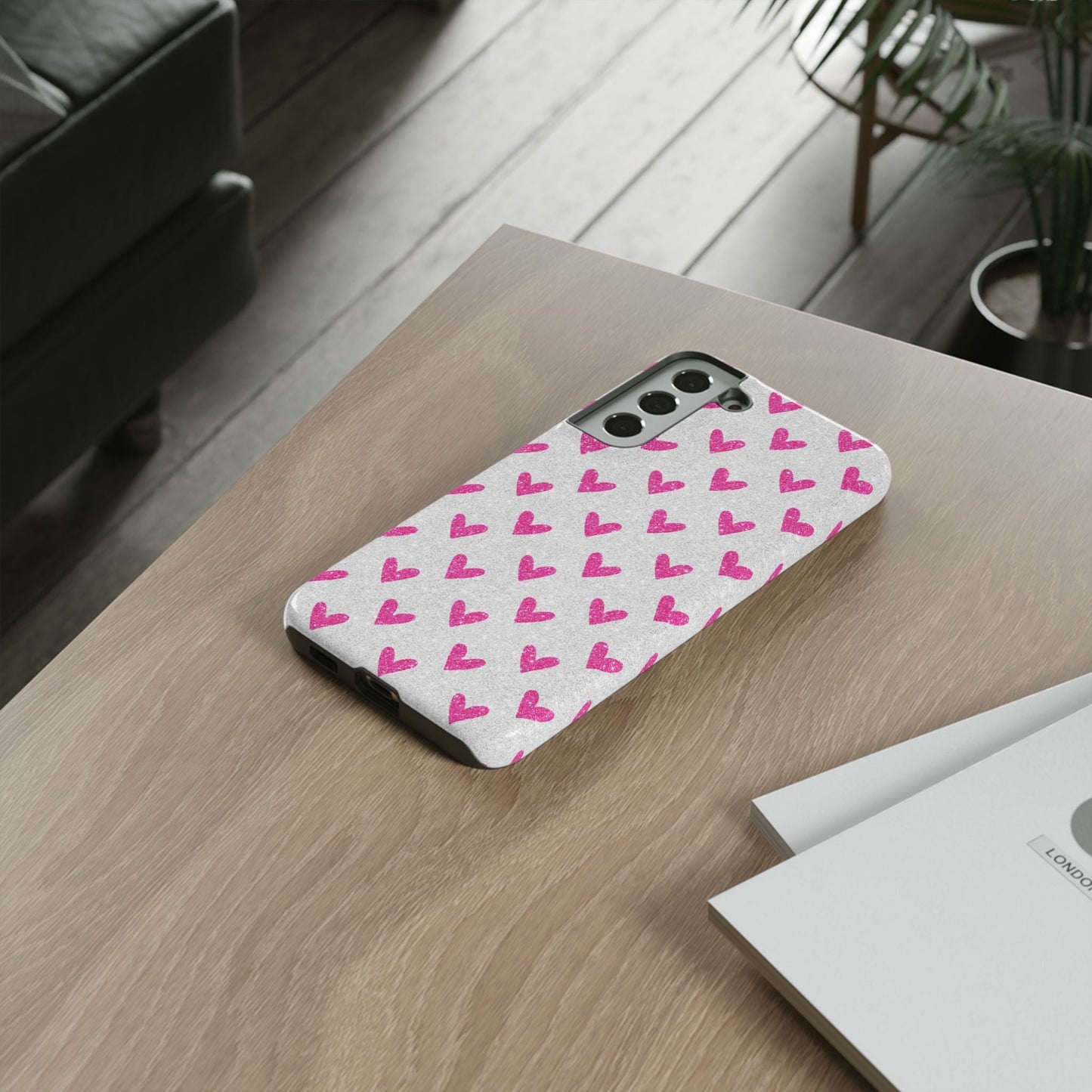 Pink Hearts on Glitter Silver – Samsung Galaxy Case - BOGO Cases