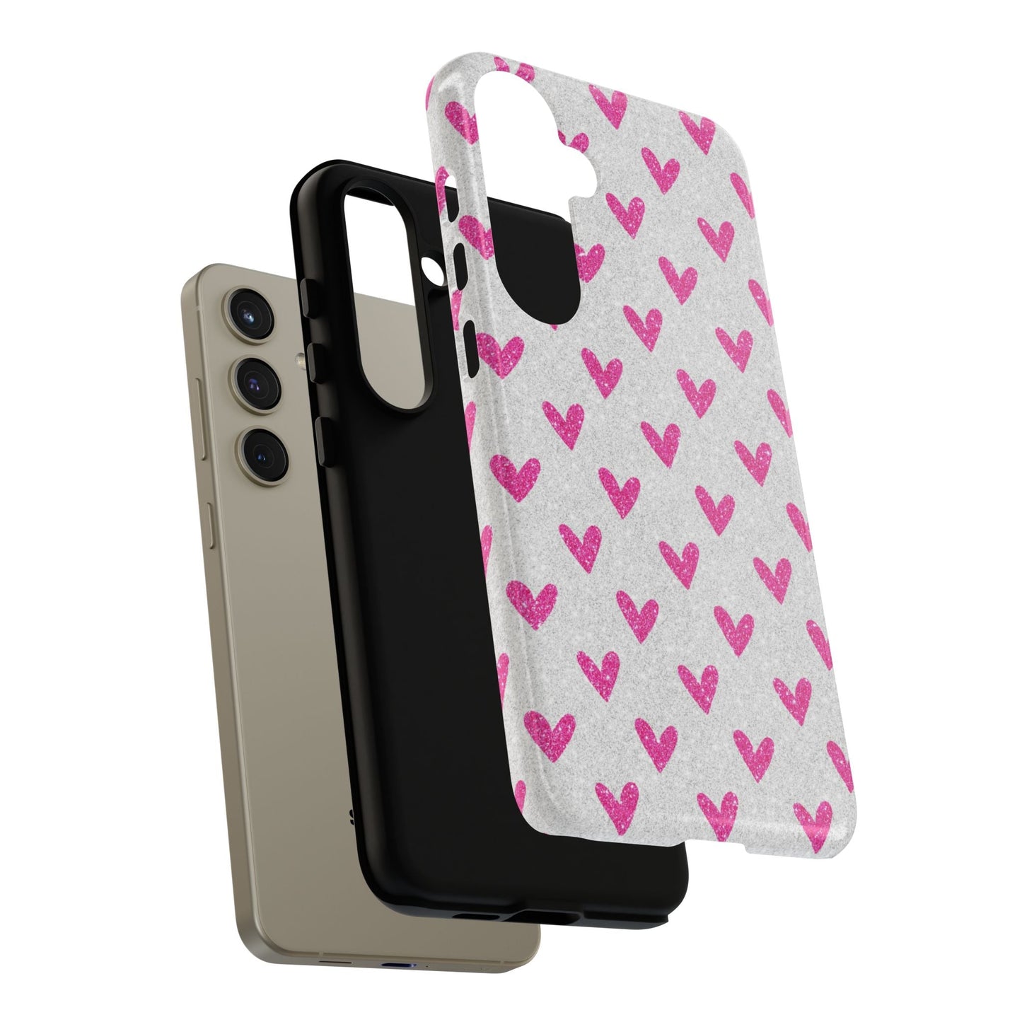Pink Hearts on Glitter Silver – Samsung Galaxy Case - BOGO Cases