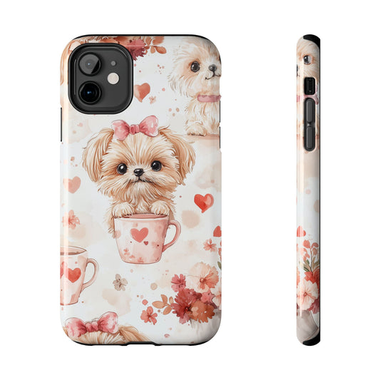 Puppies & Heart Mugs iPhone Case – Sweet Dog & Floral Design, Shockproof & Slim - BOGO Cases