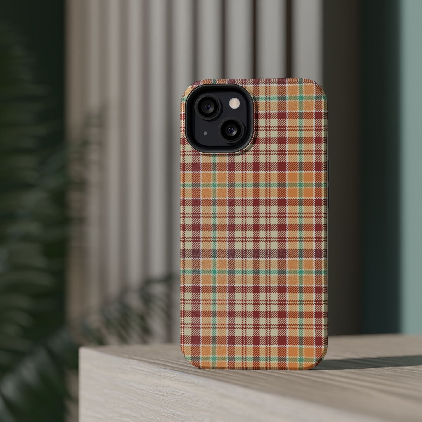 Retro Chic Plaid MagSafe iPhone Case in Red, Orange, Green & Cream – Vintage Design Meets Modern Tech - BOGO Cases