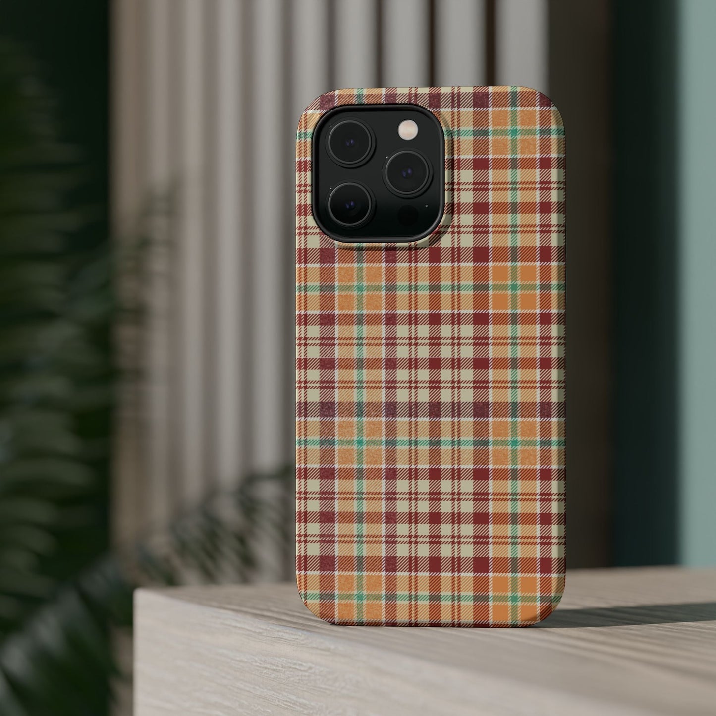 Retro Chic Plaid MagSafe iPhone Case in Red, Orange, Green & Cream – Vintage Design Meets Modern Tech - BOGO Cases