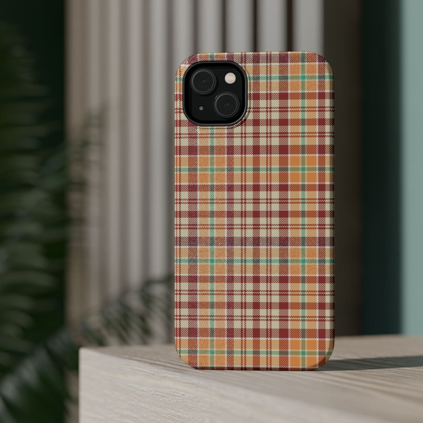 Retro Chic Plaid MagSafe iPhone Case in Red, Orange, Green & Cream – Vintage Design Meets Modern Tech - BOGO Cases