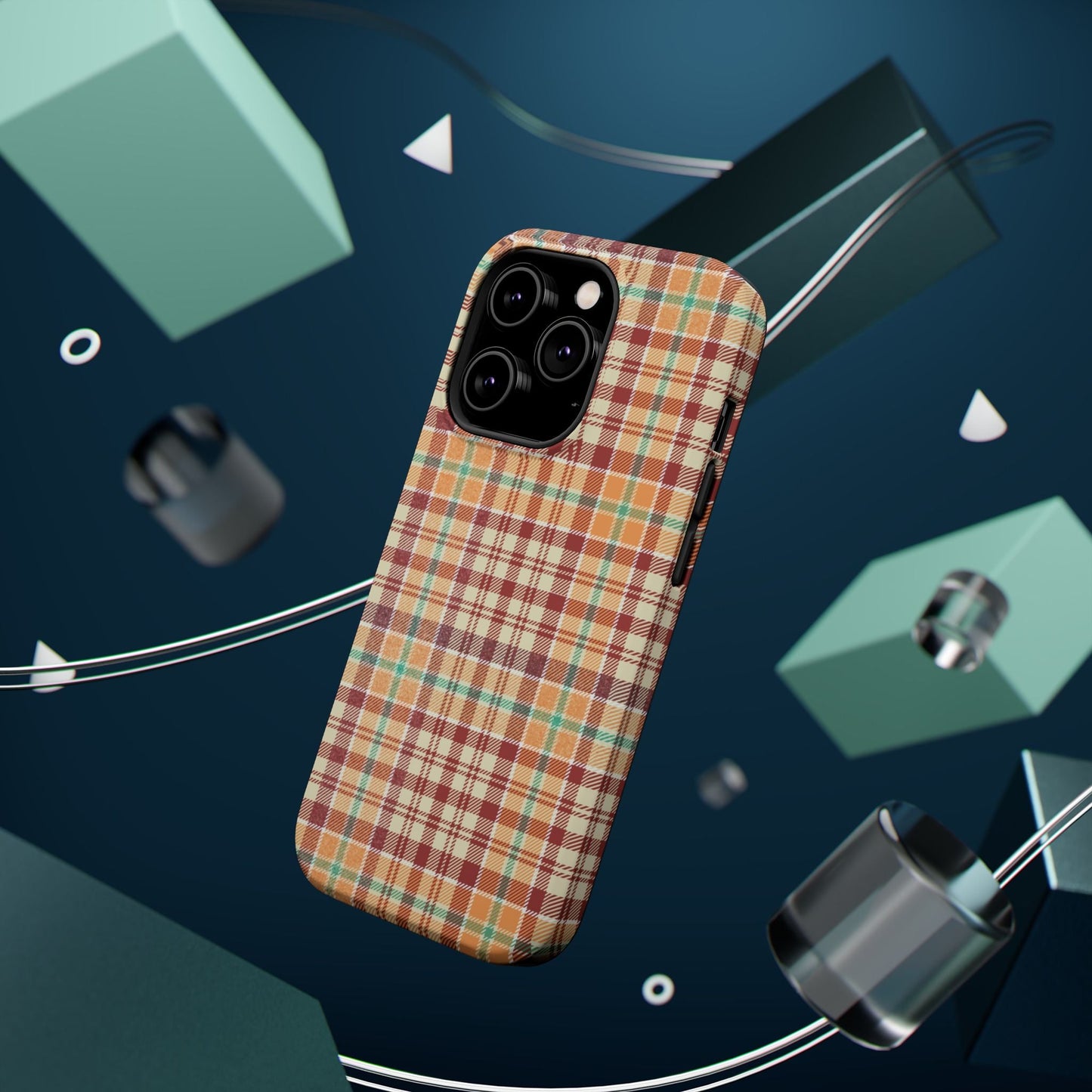 Retro Chic Plaid MagSafe iPhone Case in Red, Orange, Green & Cream – Vintage Design Meets Modern Tech - BOGO Cases