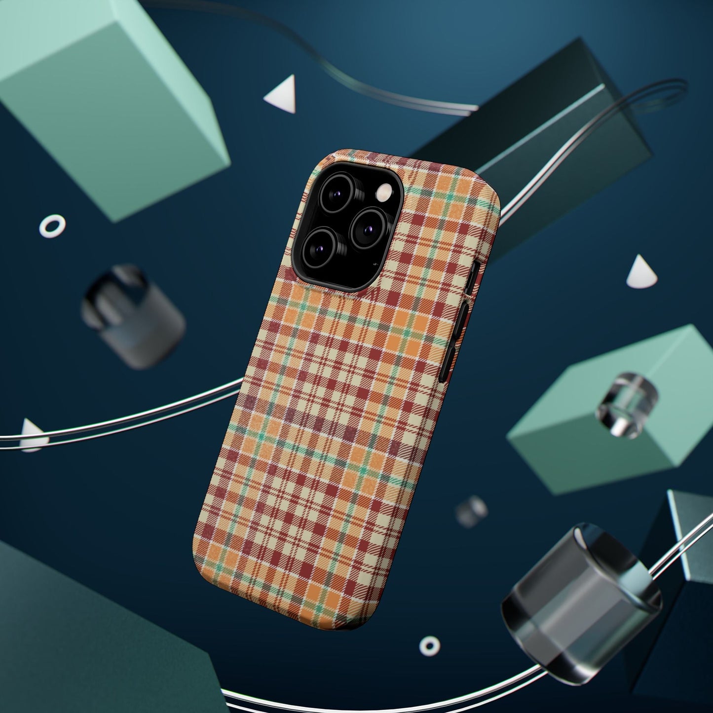 Retro Chic Plaid MagSafe iPhone Case in Red, Orange, Green & Cream – Vintage Design Meets Modern Tech - BOGO Cases