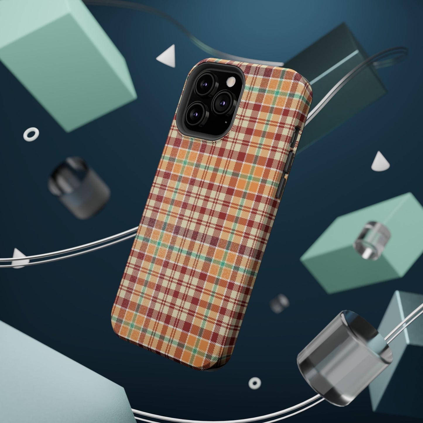 Retro Chic Plaid MagSafe iPhone Case in Red, Orange, Green & Cream – Vintage Design Meets Modern Tech - BOGO Cases