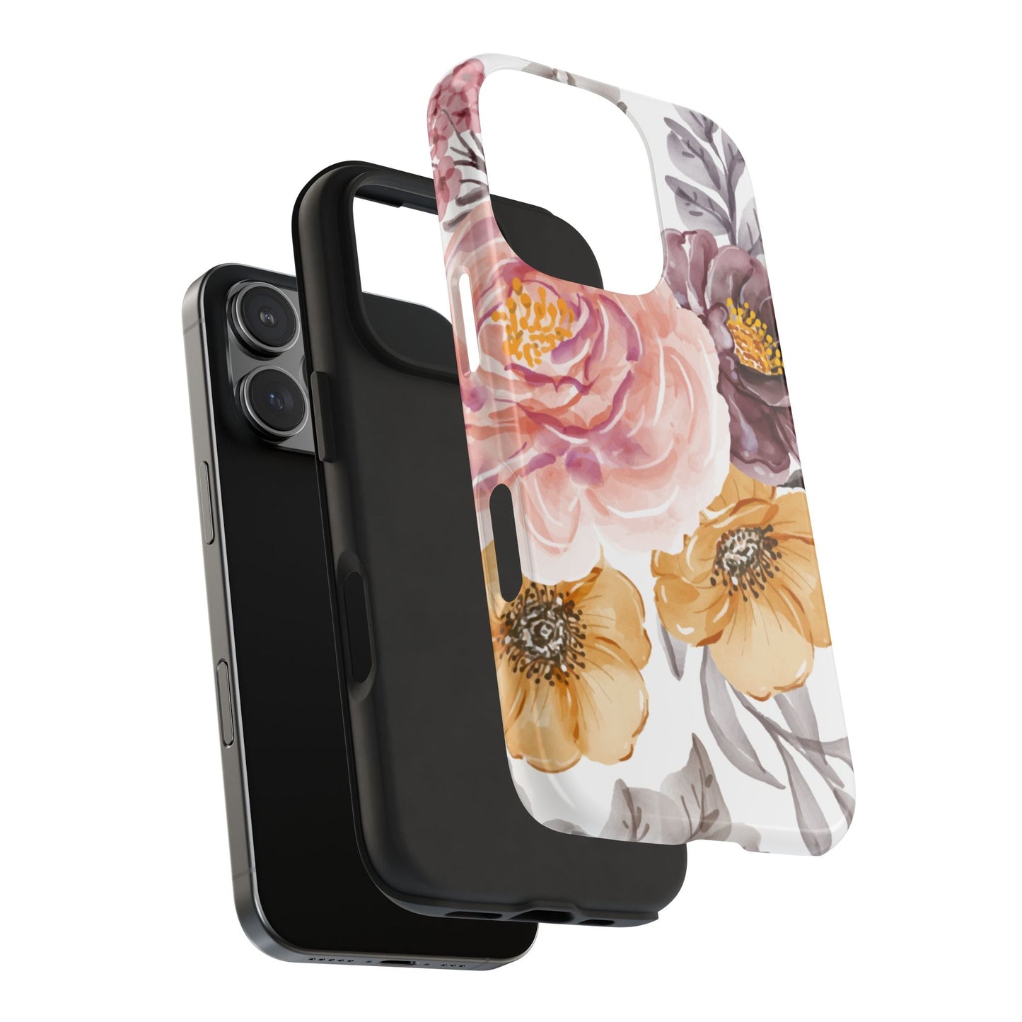 Romantic Watercolor Floral iPhone Case – Peach, Gold & Plum Blooms - BOGO Cases