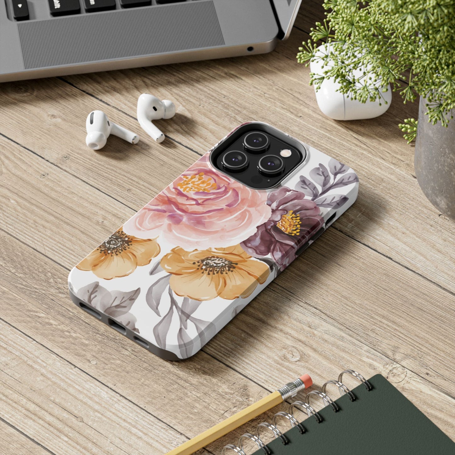 Romantic Watercolor Floral iPhone Case – Peach, Gold & Plum Blooms - BOGO Cases