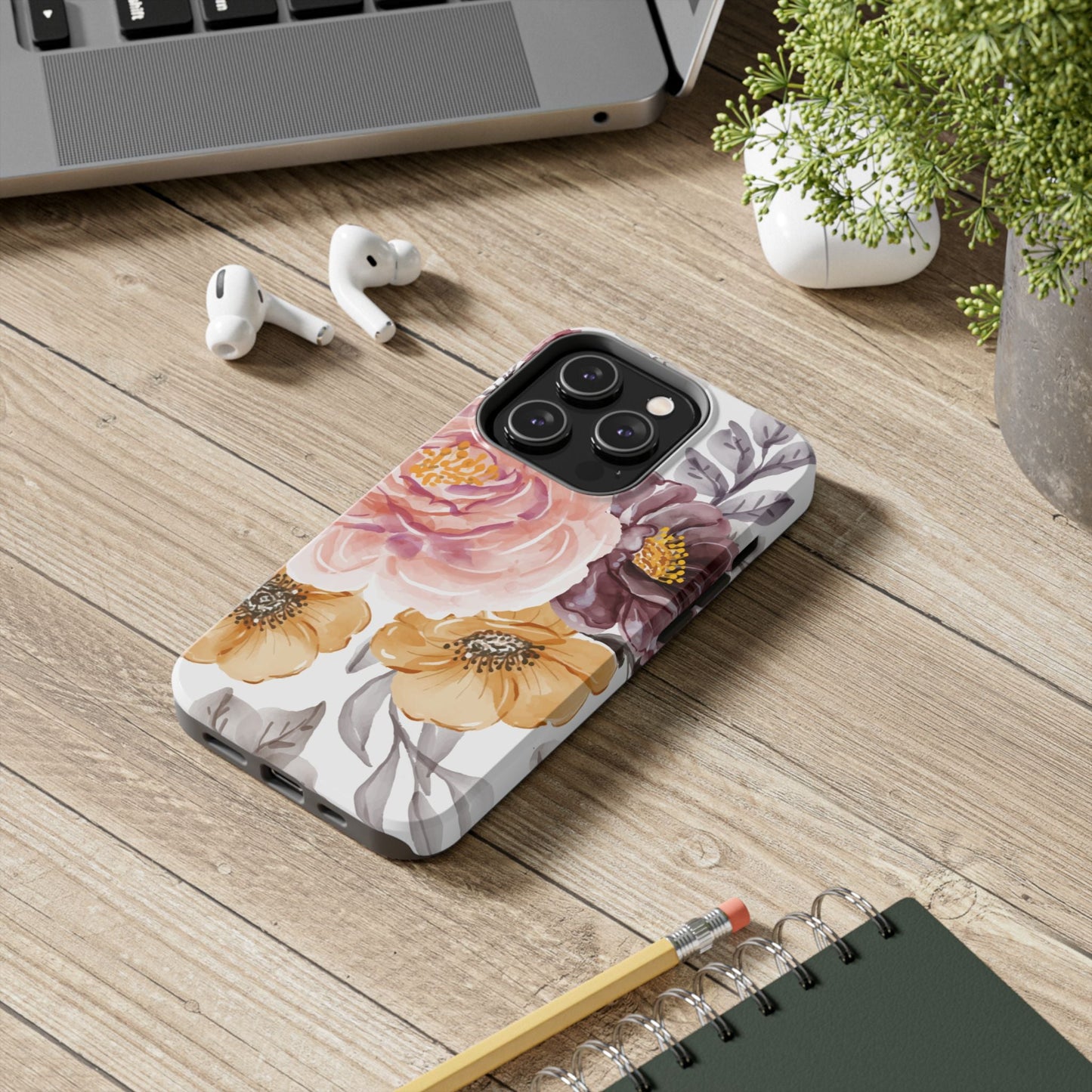 Romantic Watercolor Floral iPhone Case – Peach, Gold & Plum Blooms - BOGO Cases