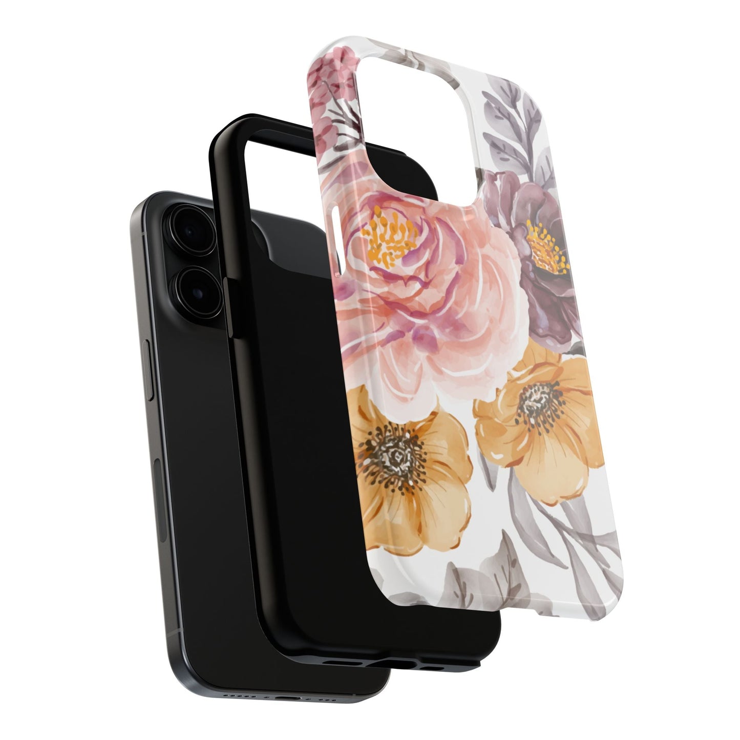 Romantic Watercolor Floral iPhone Case – Peach, Gold & Plum Blooms - BOGO Cases