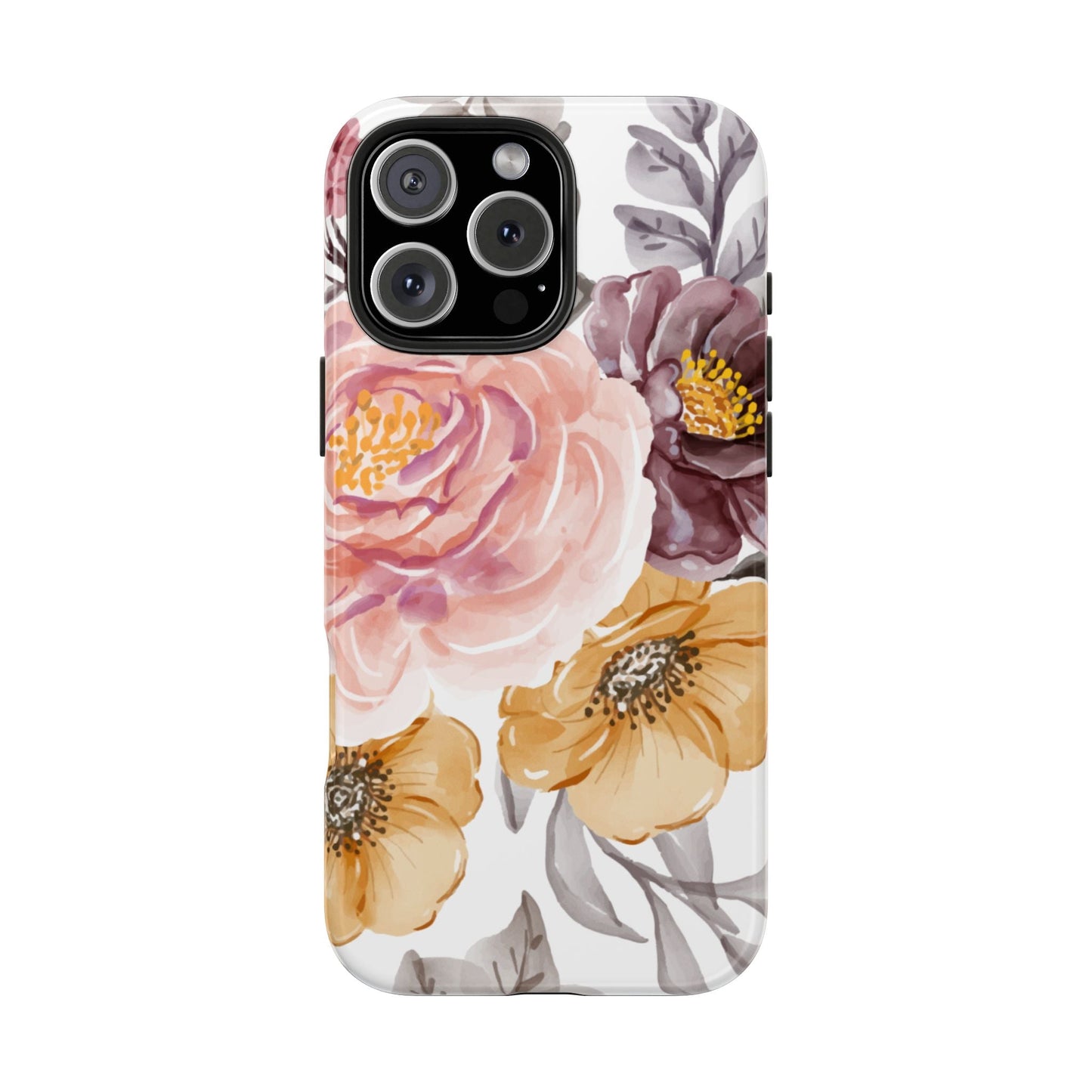 Romantic Watercolor Floral iPhone Case – Peach, Gold & Plum Blooms - BOGO Cases