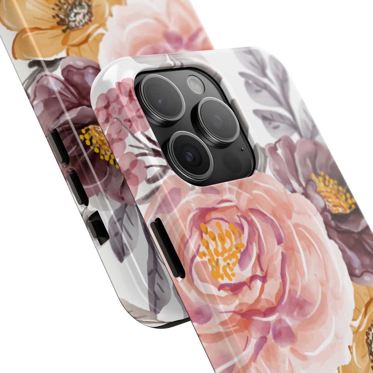 Romantic Watercolor Floral iPhone Case – Peach, Gold & Plum Blooms - BOGO Cases