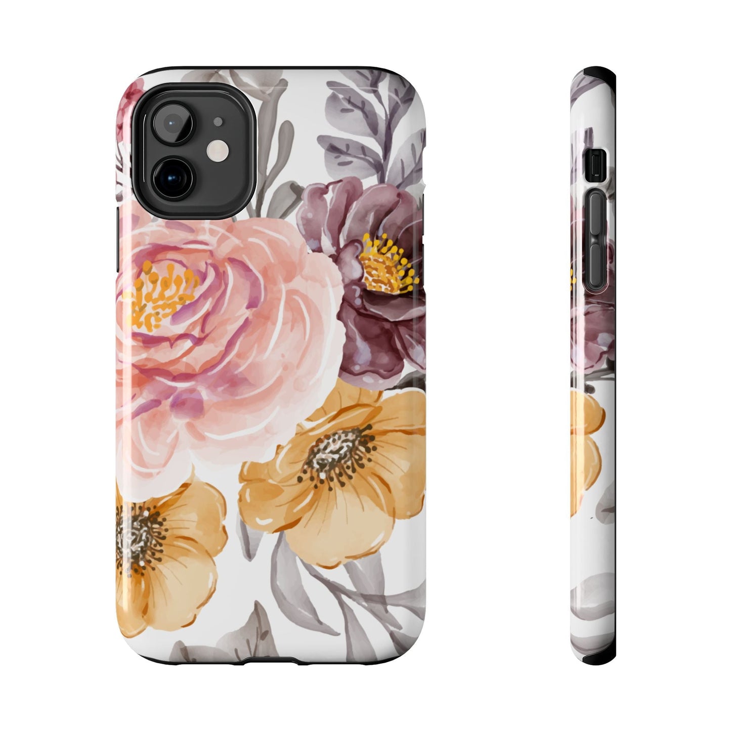 Romantic Watercolor Floral iPhone Case – Peach, Gold & Plum Blooms - BOGO Cases