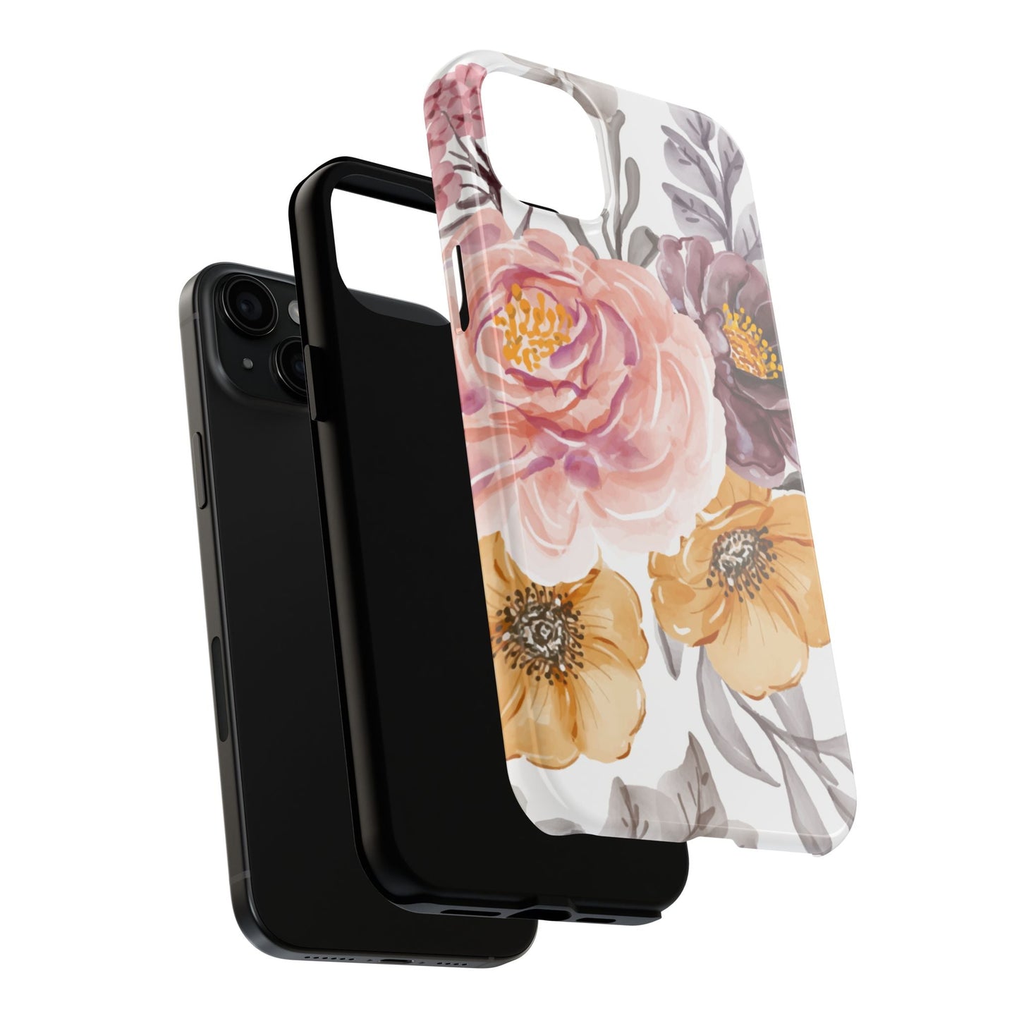 Romantic Watercolor Floral iPhone Case – Peach, Gold & Plum Blooms - BOGO Cases