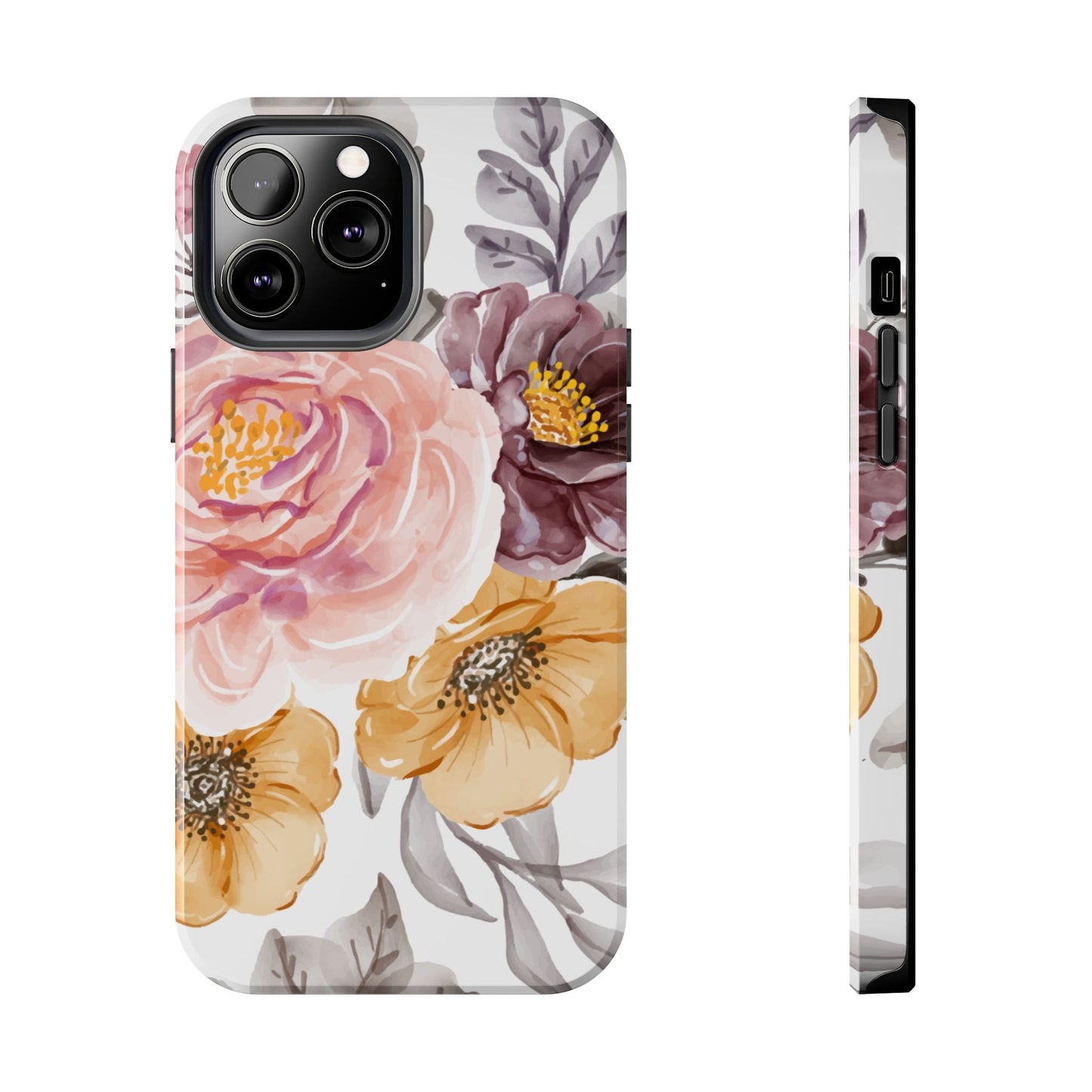 Romantic Watercolor Floral iPhone Case – Peach, Gold & Plum Blooms - BOGO Cases