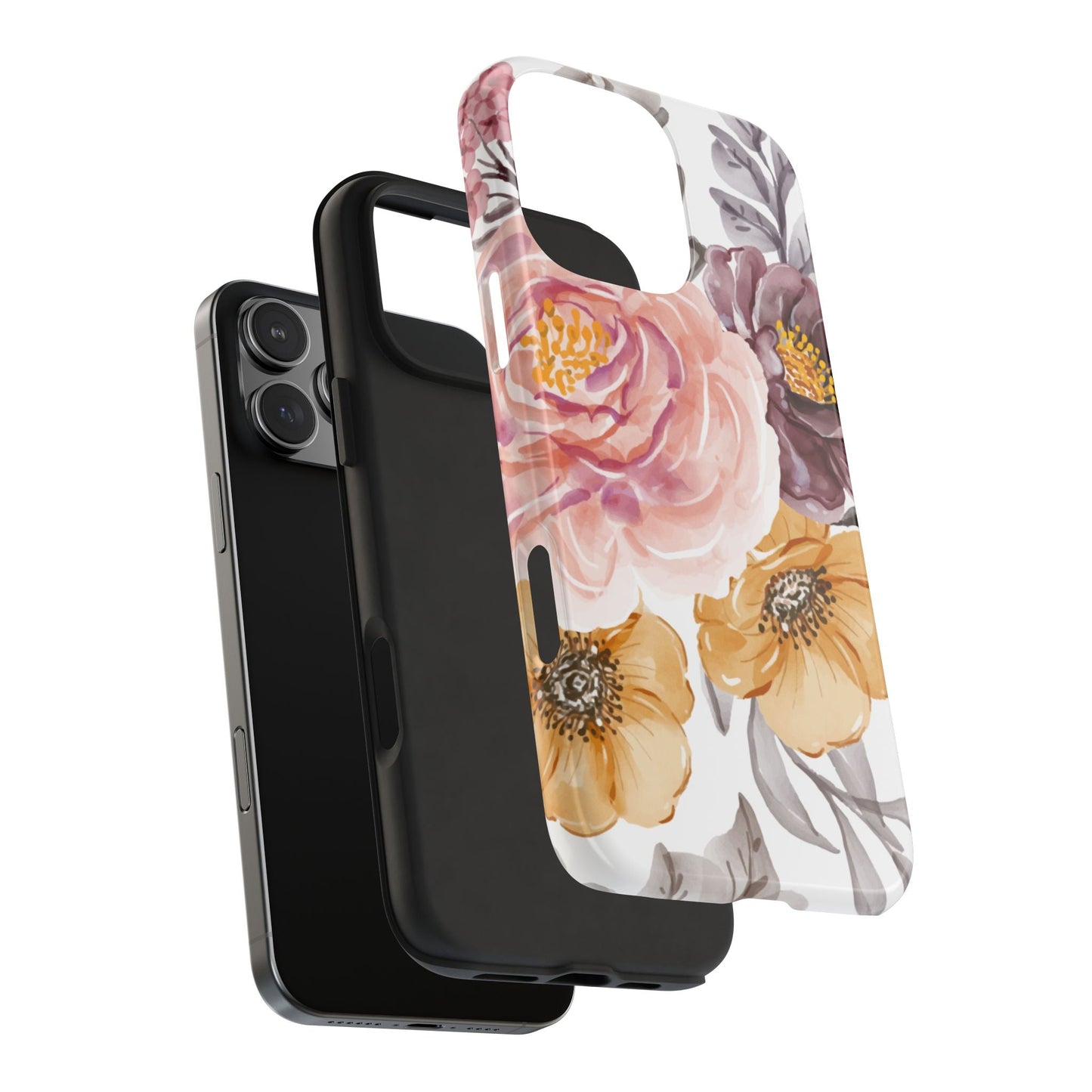 Romantic Watercolor Floral iPhone Case – Peach, Gold & Plum Blooms - BOGO Cases