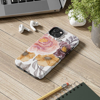 Romantic Watercolor Floral iPhone Case – Peach, Gold & Plum Blooms - BOGO Cases