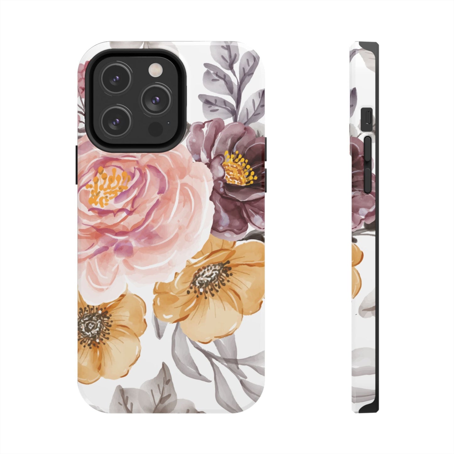 Romantic Watercolor Floral iPhone Case – Peach, Gold & Plum Blooms - BOGO Cases