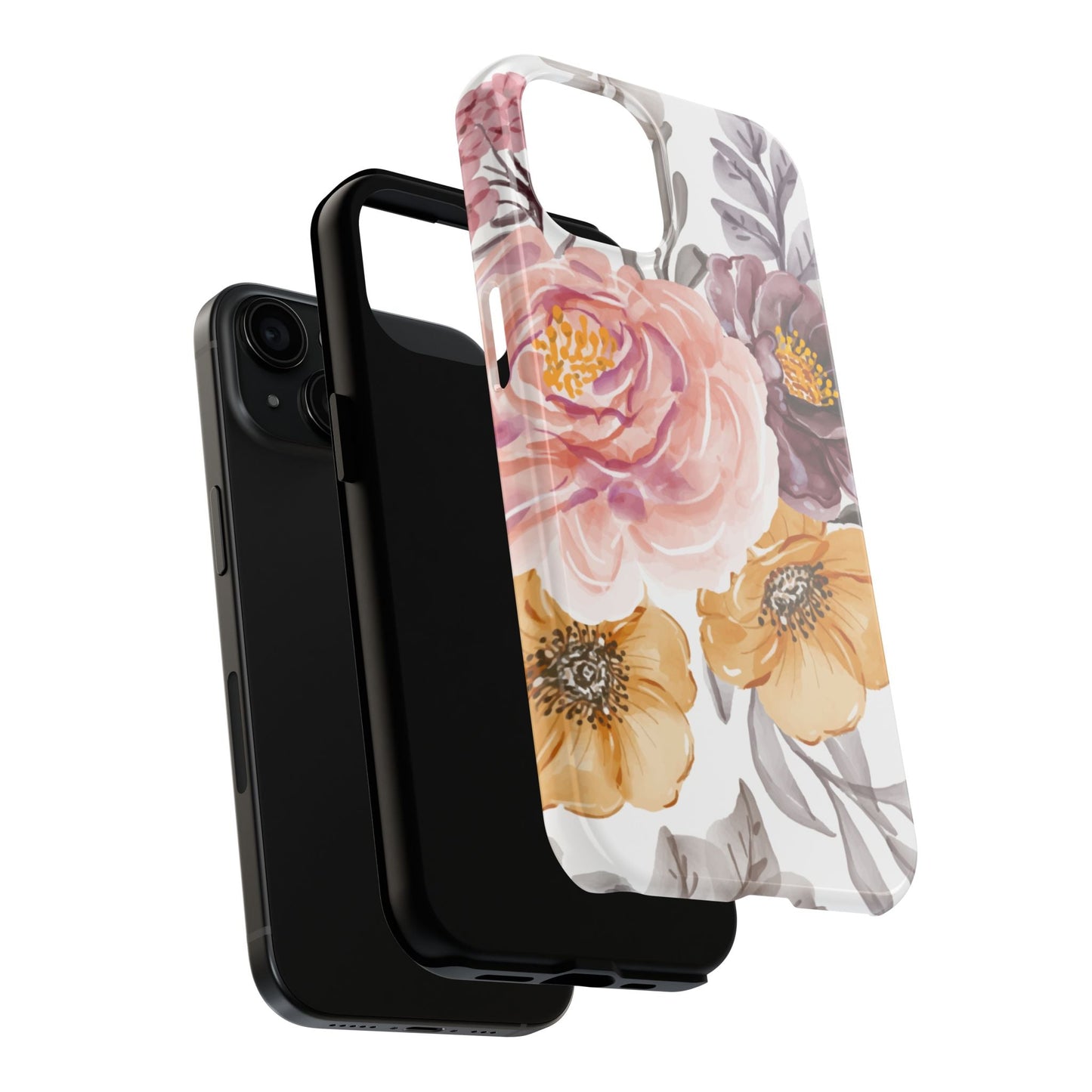 Romantic Watercolor Floral iPhone Case – Peach, Gold & Plum Blooms - BOGO Cases