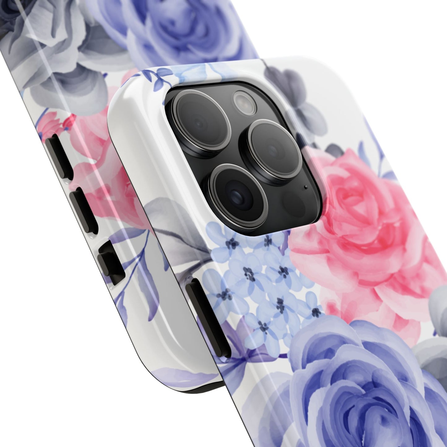Romantic Watercolor Floral iPhone Case – Pink, Blue & Gray Roses - BOGO Cases
