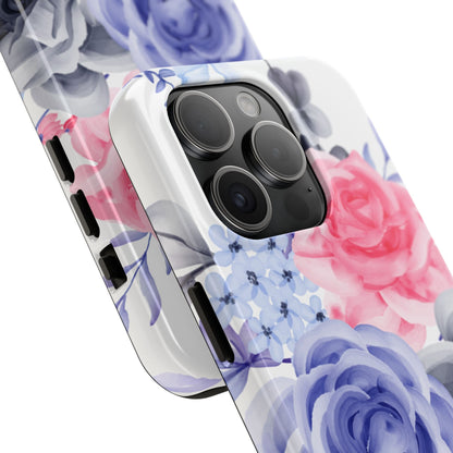 Romantic Watercolor Floral iPhone Case – Pink, Blue & Gray Roses - BOGO Cases