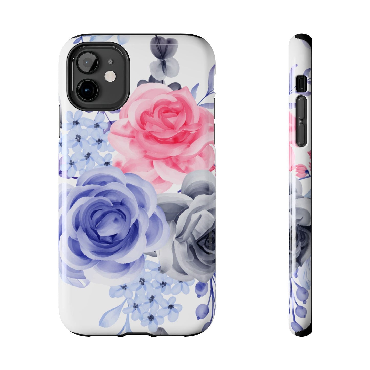Romantic Watercolor Floral iPhone Case – Pink, Blue & Gray Roses - BOGO Cases