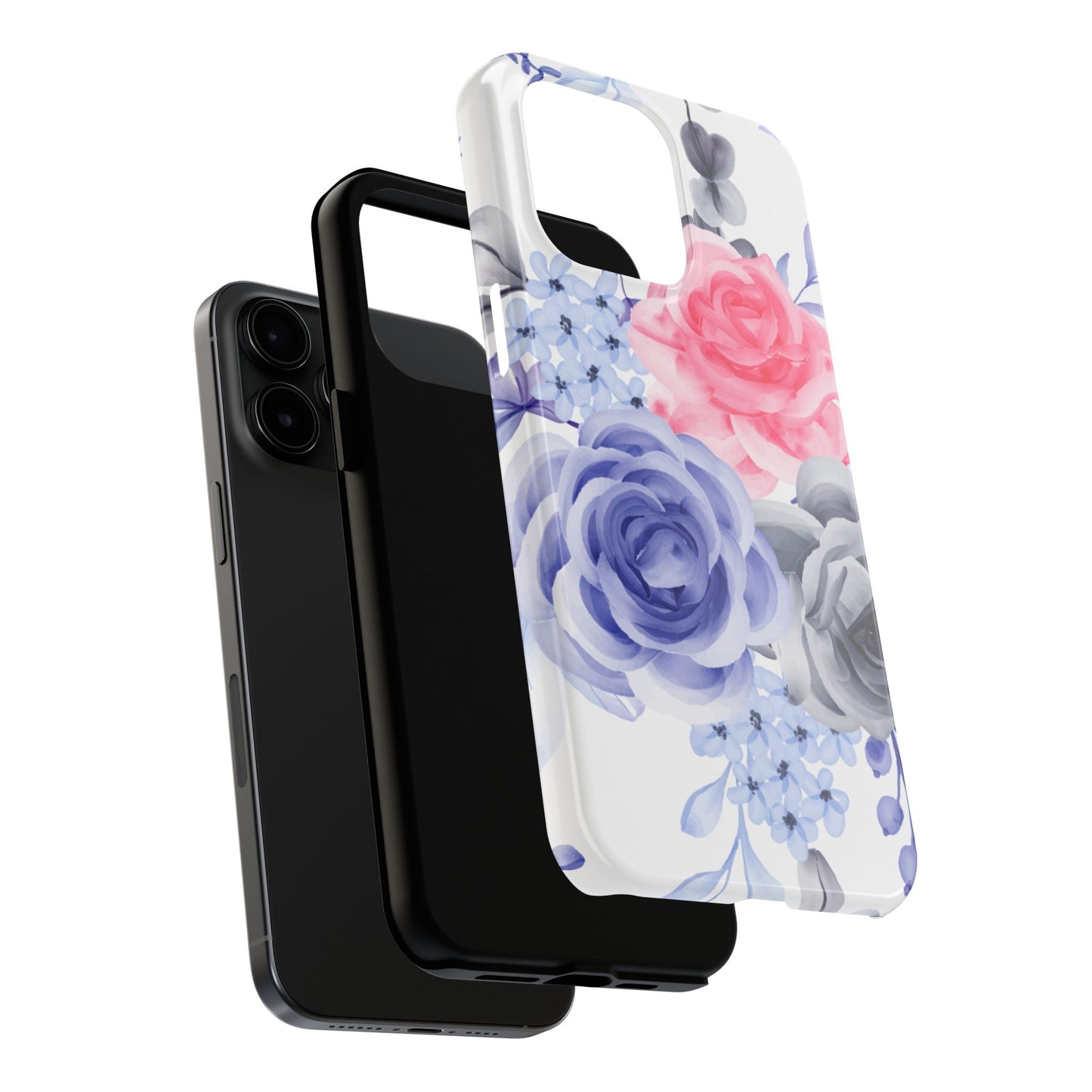 Romantic Watercolor Floral iPhone Case – Pink, Blue & Gray Roses - BOGO Cases