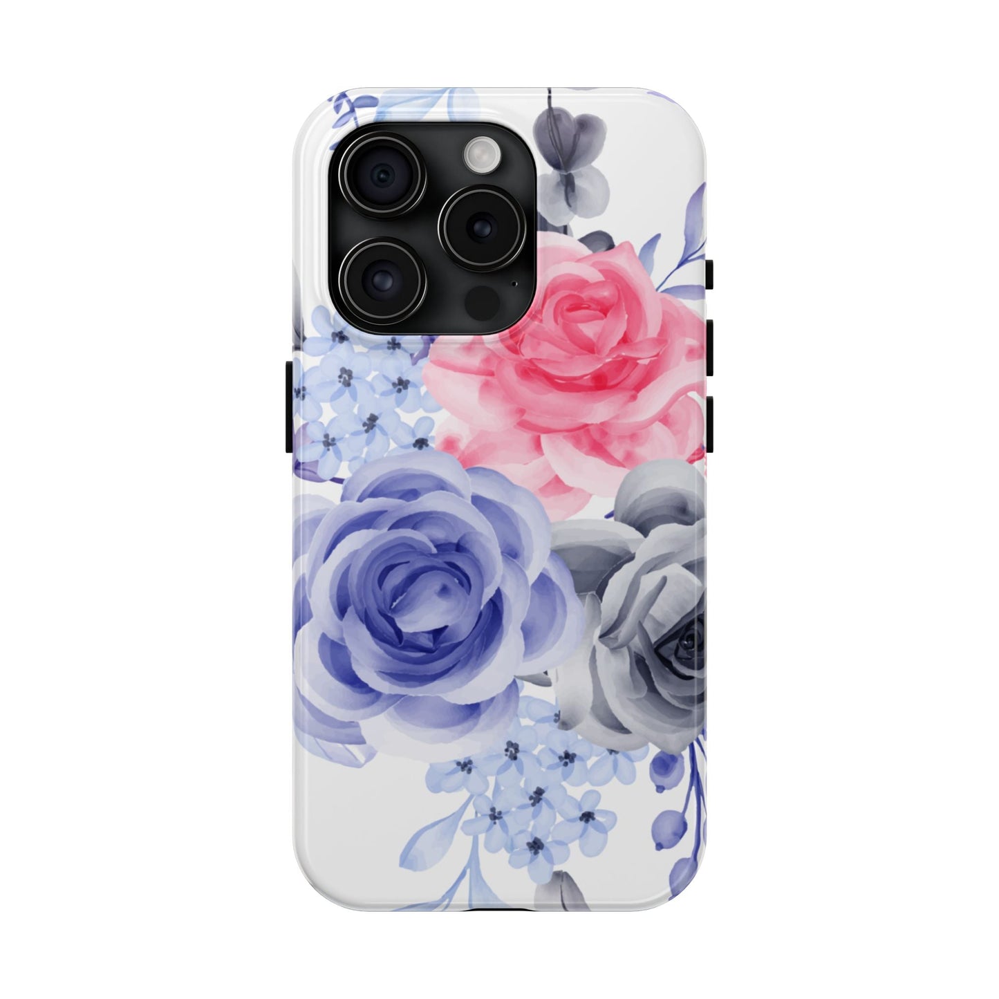 Romantic Watercolor Floral iPhone Case – Pink, Blue & Gray Roses - BOGO Cases