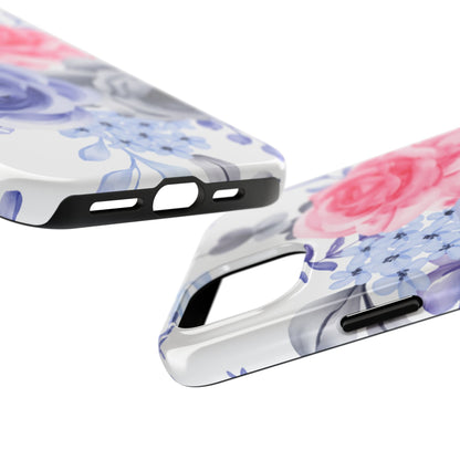 Romantic Watercolor Floral iPhone Case – Pink, Blue & Gray Roses - BOGO Cases