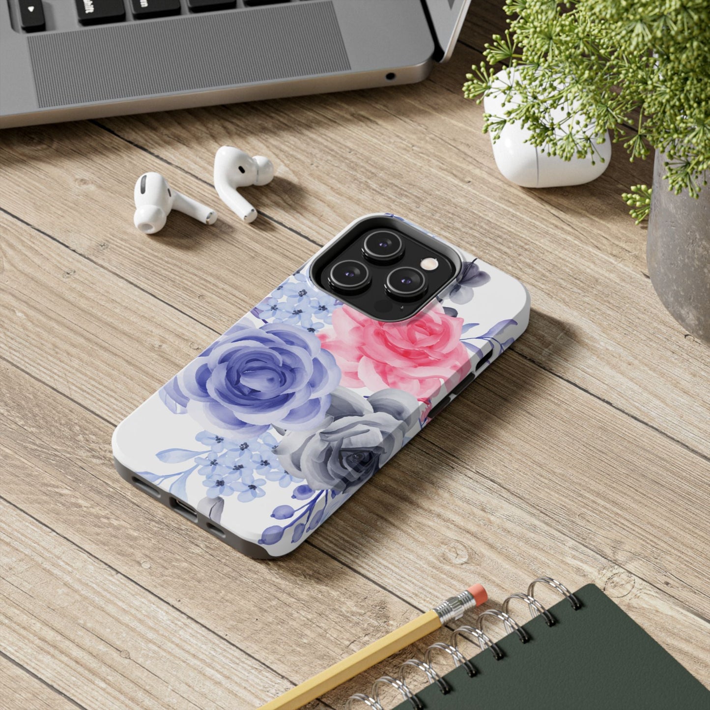 Romantic Watercolor Floral iPhone Case – Pink, Blue & Gray Roses - BOGO Cases