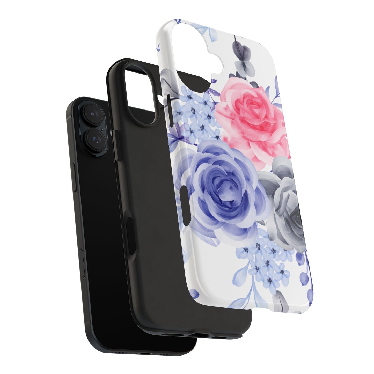 Romantic Watercolor Floral iPhone Case – Pink, Blue & Gray Roses - BOGO Cases