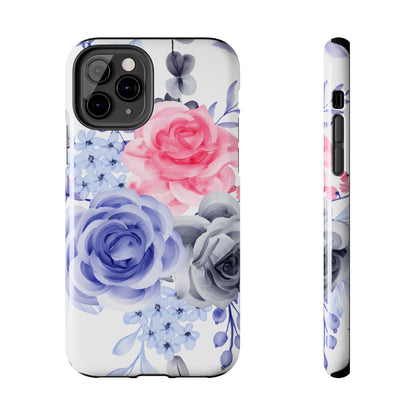 Romantic Watercolor Floral iPhone Case – Pink, Blue & Gray Roses - BOGO Cases