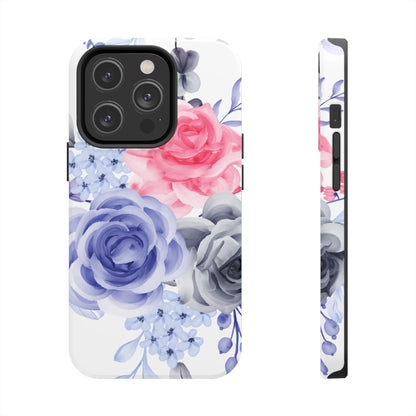Romantic Watercolor Floral iPhone Case – Pink, Blue & Gray Roses - BOGO Cases