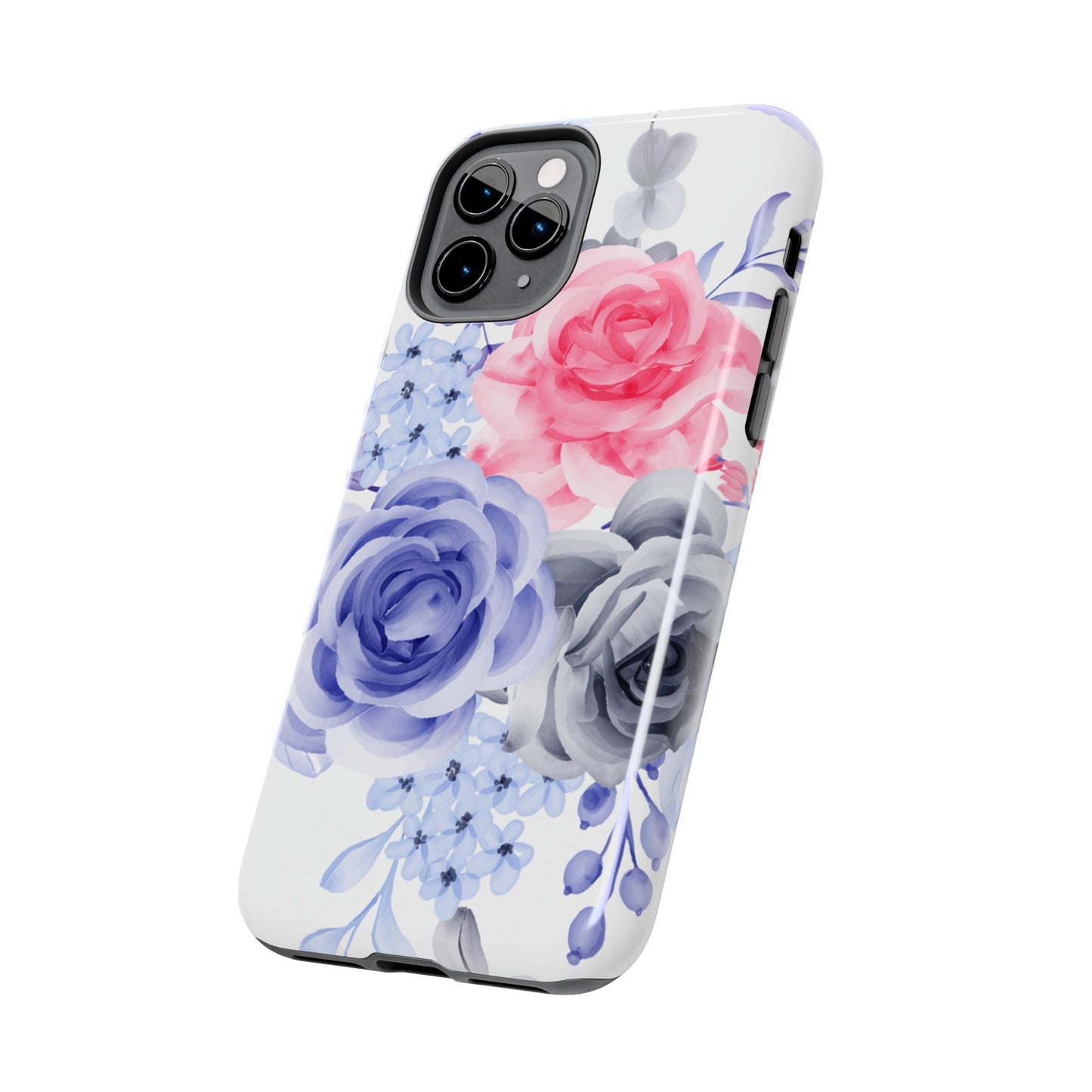 Romantic Watercolor Floral iPhone Case – Pink, Blue & Gray Roses - BOGO Cases