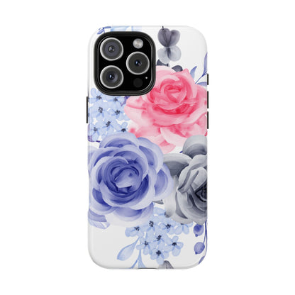 Romantic Watercolor Floral iPhone Case – Pink, Blue & Gray Roses - BOGO Cases