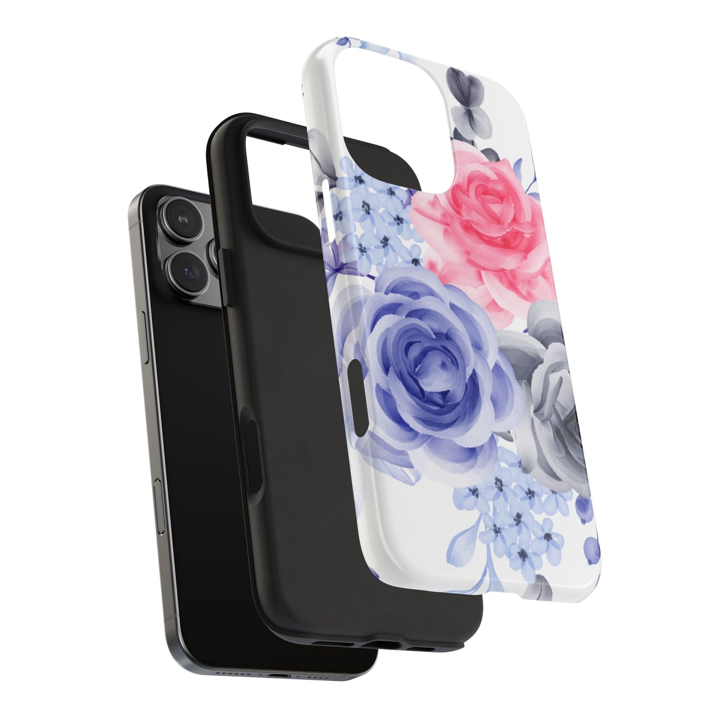 Romantic Watercolor Floral iPhone Case – Pink, Blue & Gray Roses - BOGO Cases