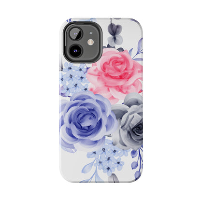 Romantic Watercolor Floral iPhone Case – Pink, Blue & Gray Roses - BOGO Cases