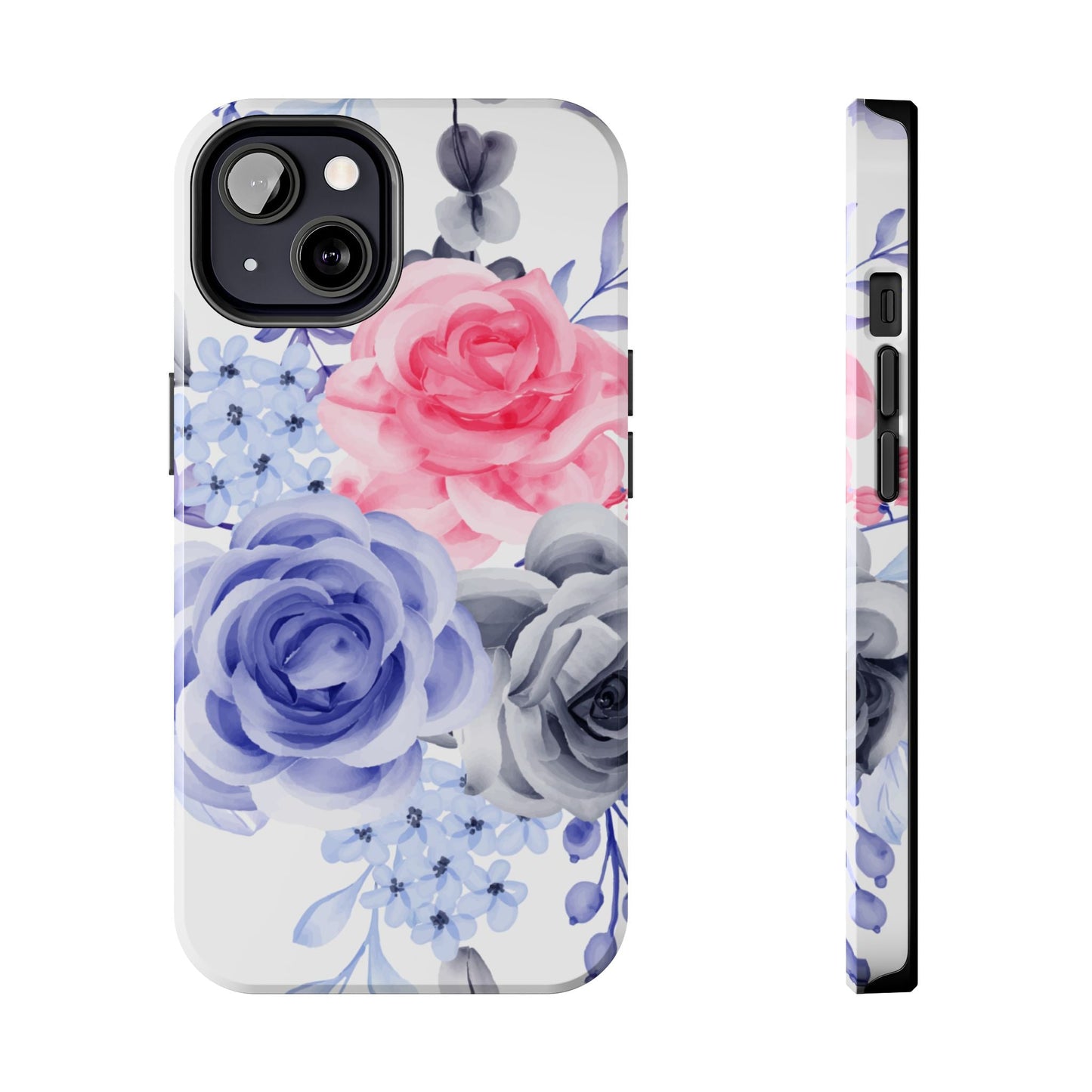Romantic Watercolor Floral iPhone Case – Pink, Blue & Gray Roses - BOGO Cases