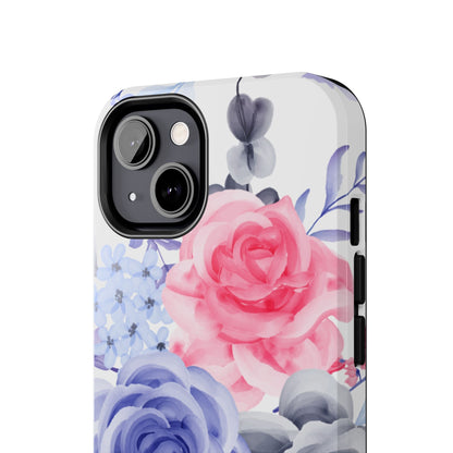 Romantic Watercolor Floral iPhone Case – Pink, Blue & Gray Roses - BOGO Cases
