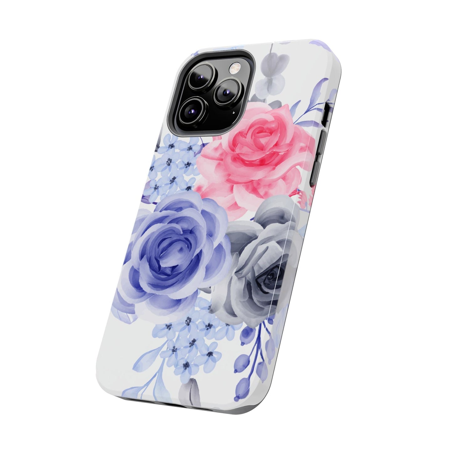 Romantic Watercolor Floral iPhone Case – Pink, Blue & Gray Roses - BOGO Cases