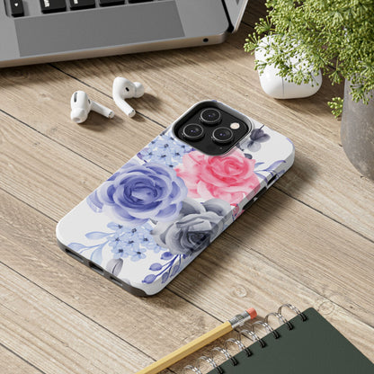 Romantic Watercolor Floral iPhone Case – Pink, Blue & Gray Roses - BOGO Cases