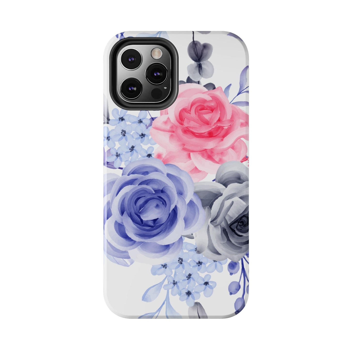 Romantic Watercolor Floral iPhone Case – Pink, Blue & Gray Roses - BOGO Cases