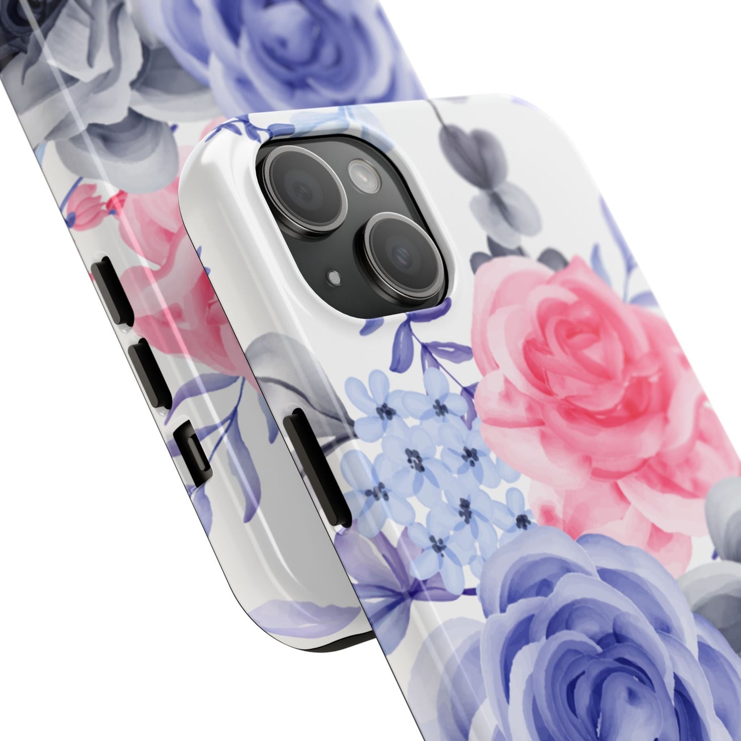 Romantic Watercolor Floral iPhone Case – Pink, Blue & Gray Roses - BOGO Cases