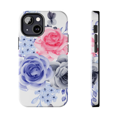 Romantic Watercolor Floral iPhone Case – Pink, Blue & Gray Roses - BOGO Cases