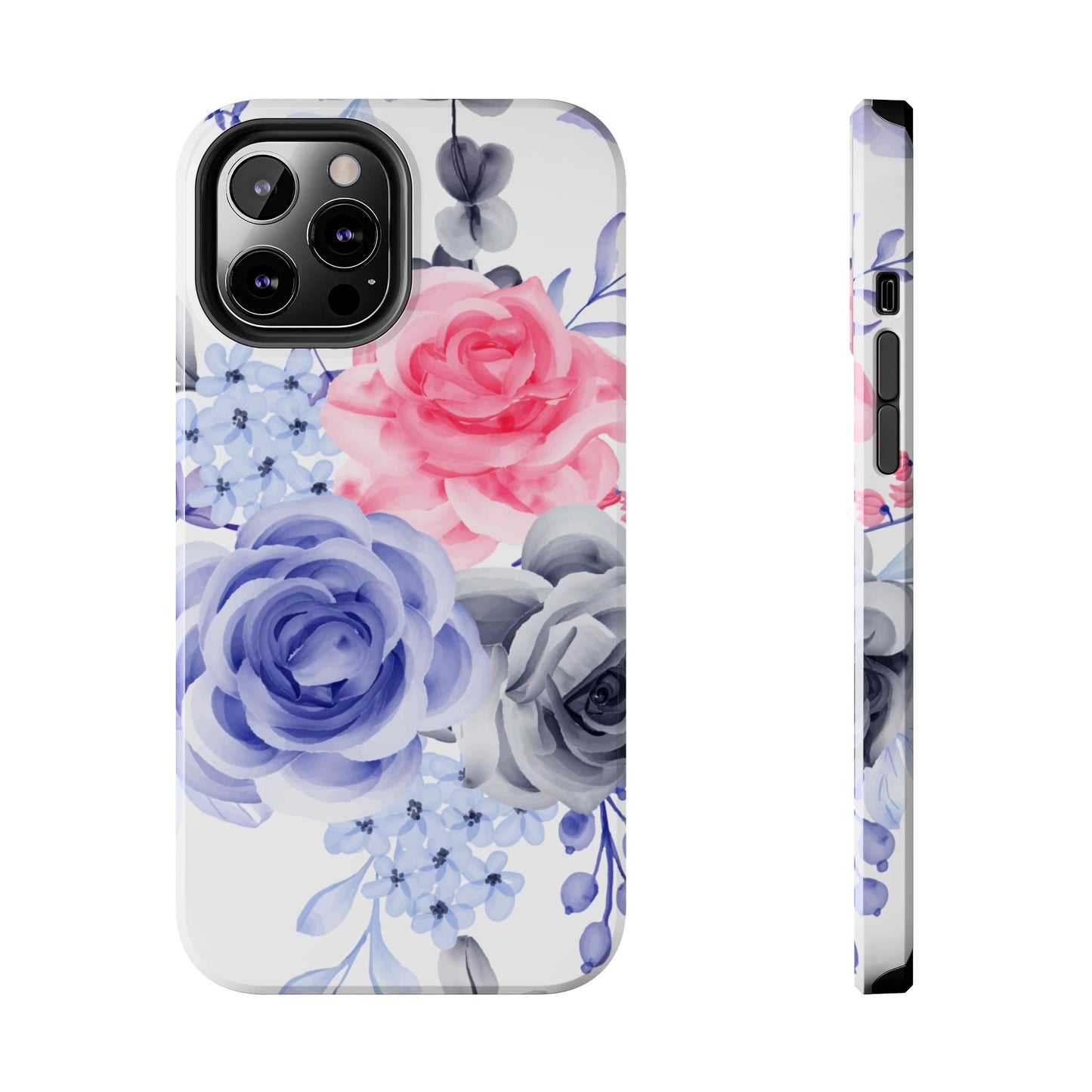 Romantic Watercolor Floral iPhone Case – Pink, Blue & Gray Roses - BOGO Cases