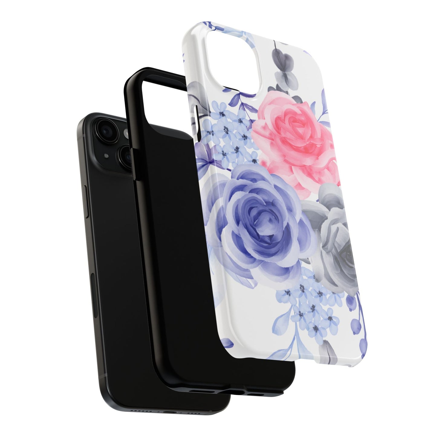 Romantic Watercolor Floral iPhone Case – Pink, Blue & Gray Roses - BOGO Cases