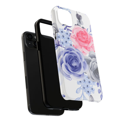 Romantic Watercolor Floral iPhone Case – Pink, Blue & Gray Roses - BOGO Cases