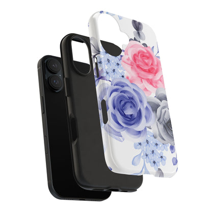 Romantic Watercolor Floral iPhone Case – Pink, Blue & Gray Roses - BOGO Cases