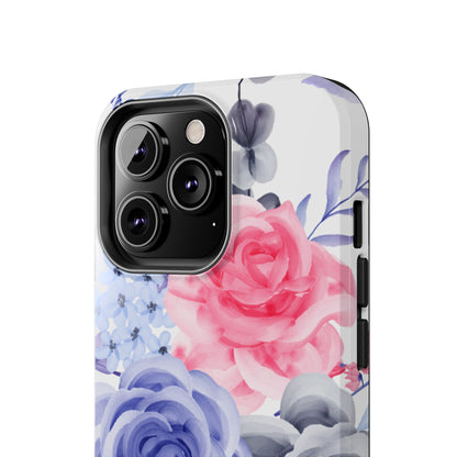 Romantic Watercolor Floral iPhone Case – Pink, Blue & Gray Roses - BOGO Cases