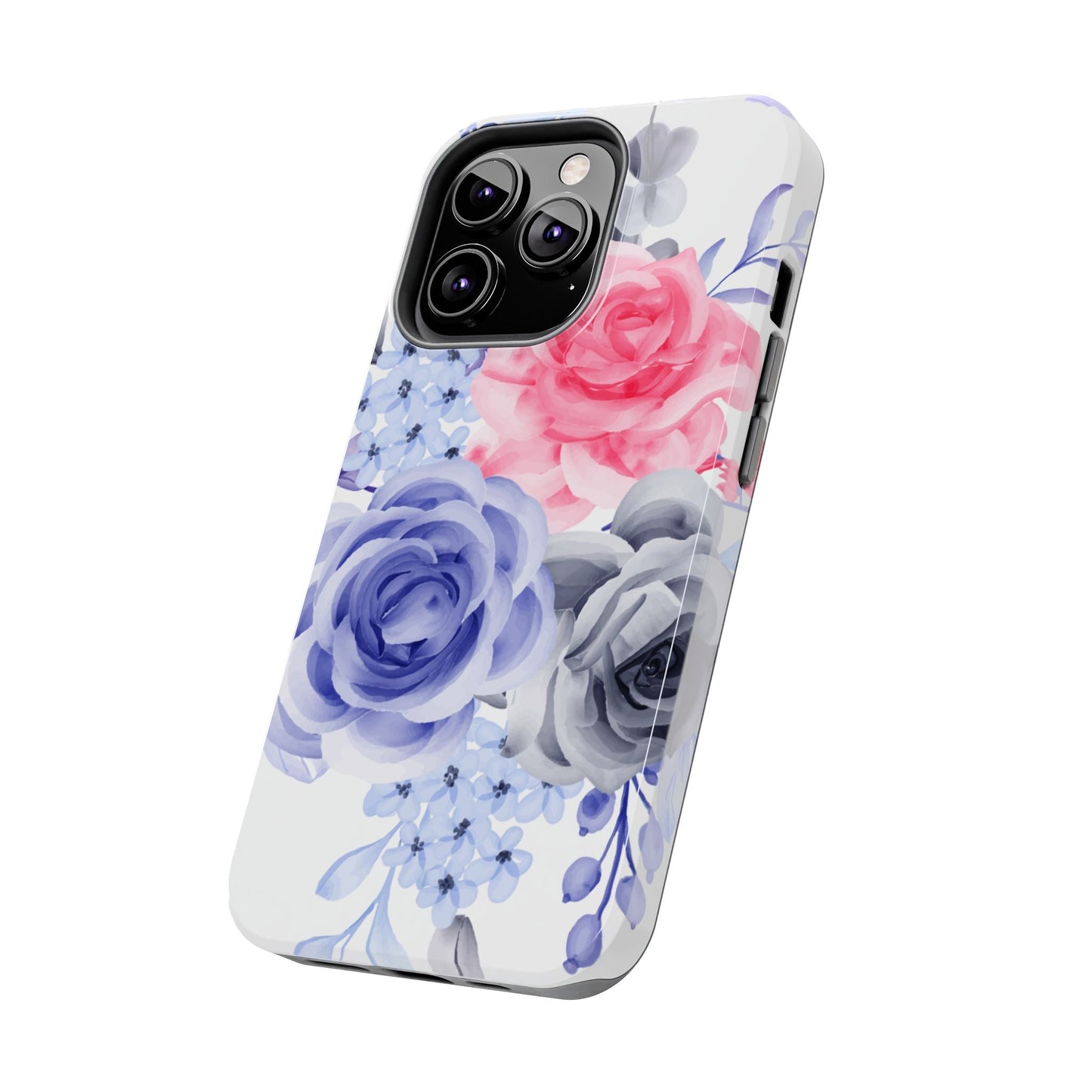 Romantic Watercolor Floral iPhone Case – Pink, Blue & Gray Roses - BOGO Cases