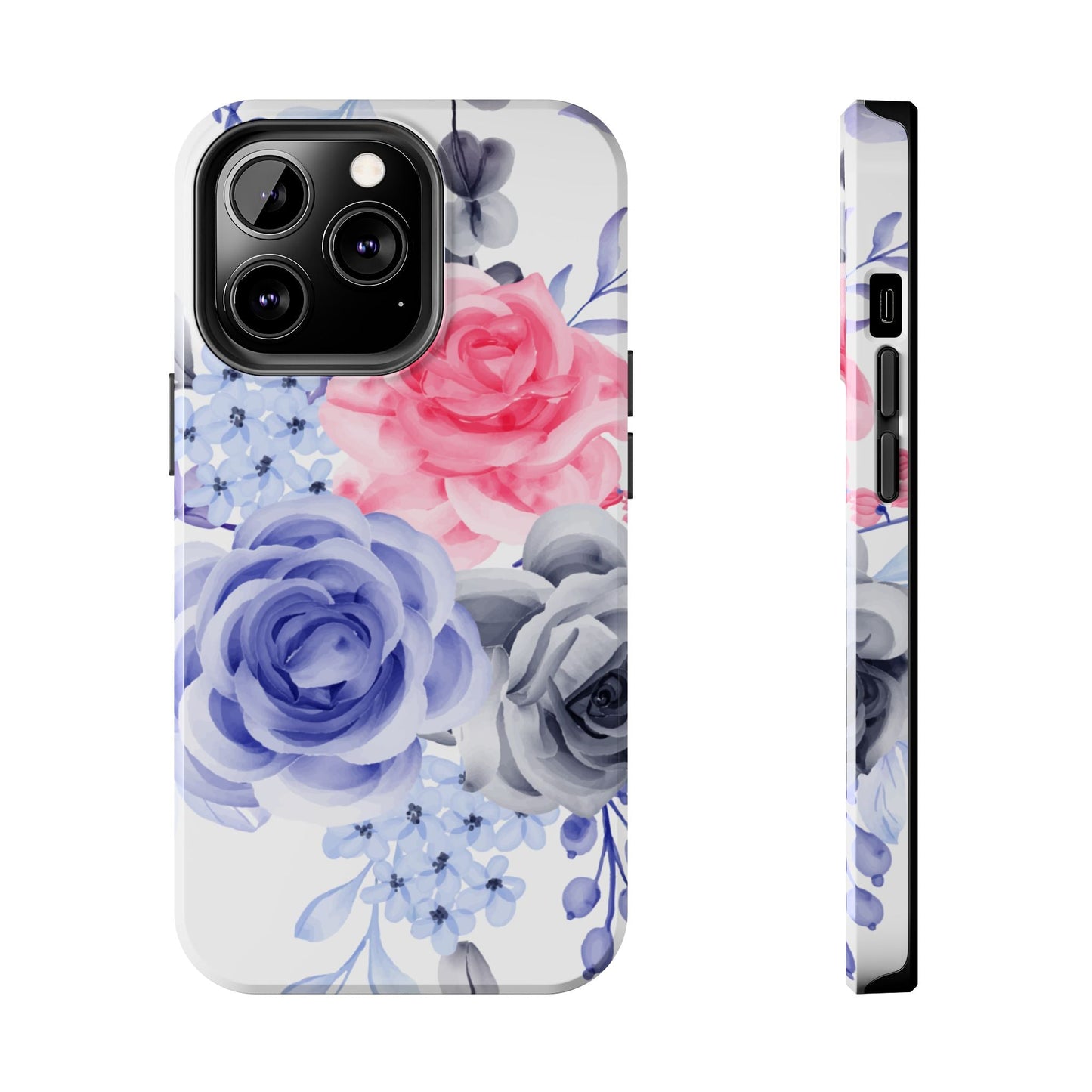 Romantic Watercolor Floral iPhone Case – Pink, Blue & Gray Roses - BOGO Cases